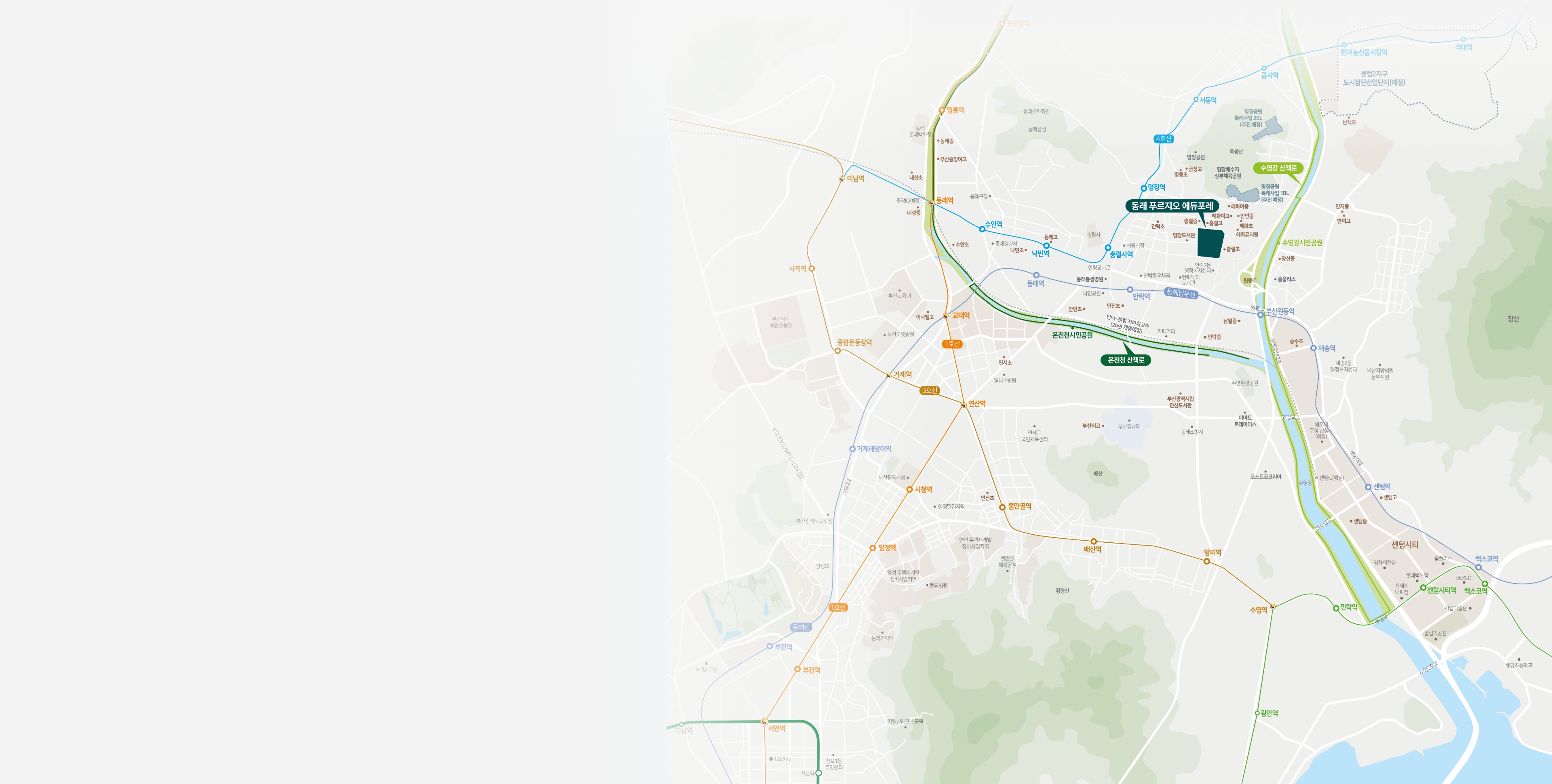 동래 안락 푸르지오 에듀포레 모델하우스 위치 안내 이미지, 부산 동래구 안락동 생활권과 주요 이동 흐름을 보여주는 입지 지도